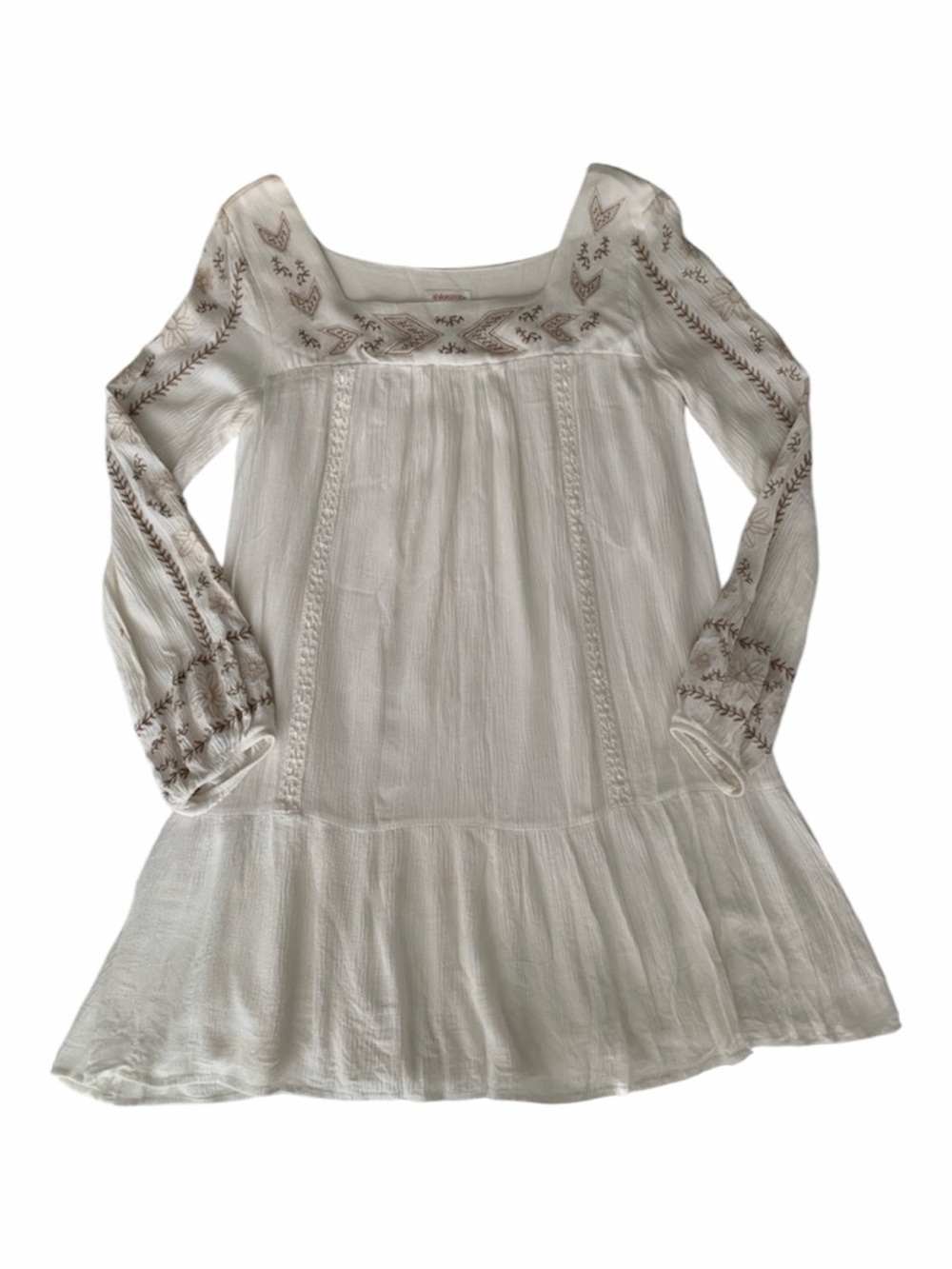 Xhilaration Dress Juniors Medium Ivory Tan Embroidered Long Sleeves Square Neck